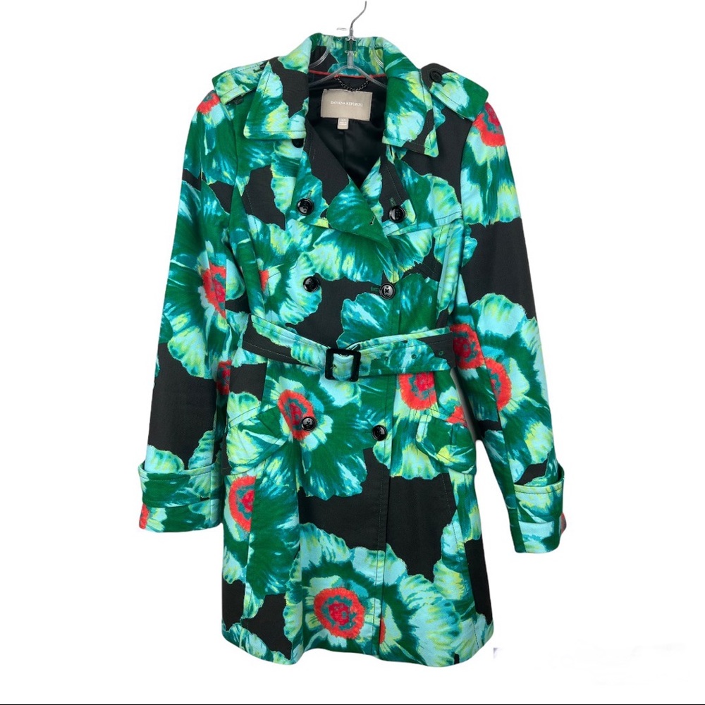 Banana Republic Women’s Green Floral Belted Trench Coat Jacket Size XS